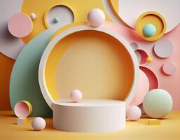 Abstract 3d podium for product presentation with geometric shapes, Empty round podium,Platforms for product presentation with shadows and light background. photo