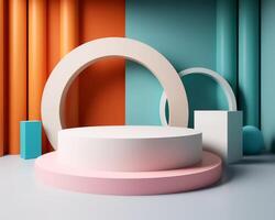 Abstract 3d podium for product presentation with geometric shapes, Empty round podium,Platforms for product presentation with shadows and light background. photo