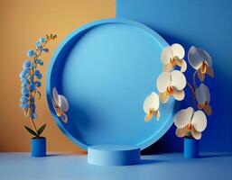 Abstract 3d podium for product presentation with geometric shapes, Empty round podium,Platforms for product presentation with shadows and light background. photo