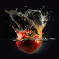 Tomato in water on black background with splash photo