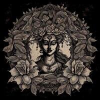 Saraswati Hindu Goddess artwork on black image photo