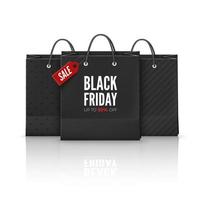 Black Friday Offer. Bag with red tag Sale and text with discount. Illustration with reflection for for banner. Vector