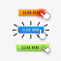 Hand cursor over button with text click here. Web icons element. Set of different buttons. Vector illustration