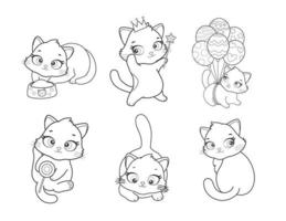 Vector set of cute cartoon style cat in different poses. Animal character illustration for children. Hand drawn line drawings of funny kitten. Big collection of pets for kids, coloring, animation.