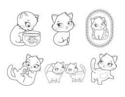 Vector set of cute cartoon style cat in different poses. Animal character illustration for children. Hand drawn line drawings of funny kitten. Big collection of pets for kids, coloring, animation.