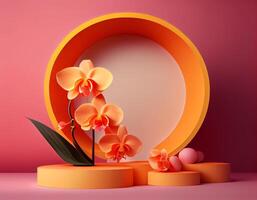 Abstract 3d podium for product presentation with geometric shapes, Empty round podium,Platforms for product presentation with shadows and light background. photo