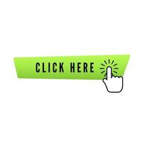 Hand cursor with animation of action over green button with text click here on white background. Web icons element. Vector illustration