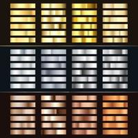 Golden Silver and Bronze gradient set. Collection of shiny bronze silvery and gold pattern. Realistic metallic foil. Vector illustration