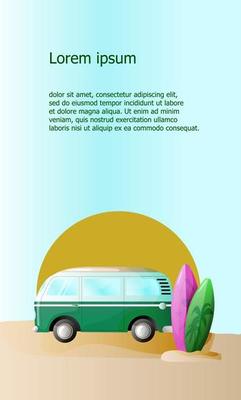 summer background with retro van and surfboard. Vector illustration.