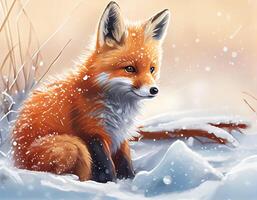 Cute cartoon fox in the forest,Cartoon fox animation fantasy style,Baby fox standing winter season background.Generative Ai photo