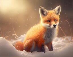 Cute little fox in the forest,Cartoon fox animation fantasy style,Baby fox standing winter season background.Generative Ai photo