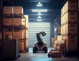 robot centrar de logístico almacenamiento,robot brazo con caja trabajando en el material industrial.generativa ai foto
