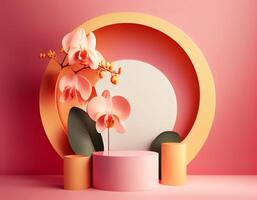 Abstract 3d podium for product presentation with geometric shapes, Empty round podium,Platforms for product presentation with shadows and light background. photo