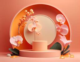 Abstract 3d podium for product presentation with geometric shapes, Empty round podium,Platforms for product presentation with shadows and light background. photo