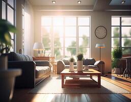 Design modern living room with sunlight.Generative Ai. photo