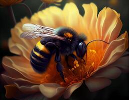 Marco bee pollinating and covered in beautiful flower pollen. photo