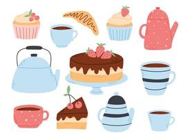 Collection of tea time elements in flat style. Vector illustration. Set of isolated items on a white background. Tea set.