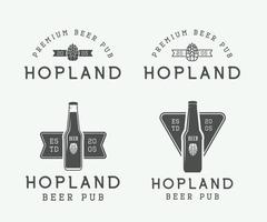 Set of vintage beer and pub logos, labels and emblems with bottles, hops, and wheat vector