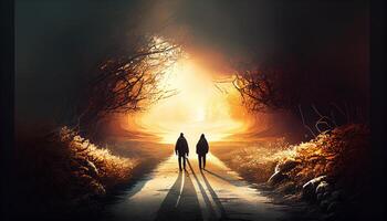 two people walking down a path in the forest photo