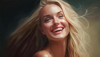 very realistic blonde beautiful woman filled with happiness photo