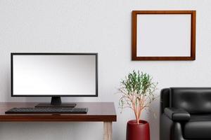mínimo moderno espacio de trabajo con escritorio computadora pantalla, blanco pantalla con Copiar espacio y blanco pared fondo, lugar de trabajo concepto. foto