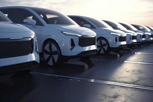 New self driving cars fleet waiting to be exported, large amounts of electric vehicle in dealership parking photo