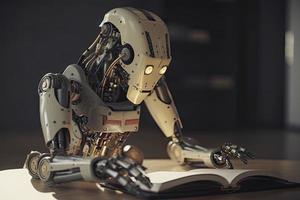 Robot exploring new bit of information and reading book. Concept of machine learning photo