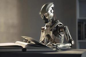 Robot exploring new bit of information and reading book. Concept of machine learning photo