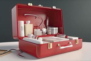 Simple open red first aid kit with with medicines for drugstore category 3d render illustration. photo