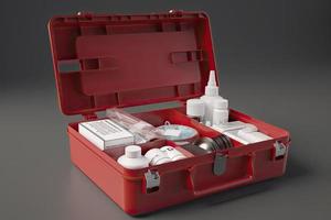 Simple open red first aid kit with with medicines for drugstore category 3d render illustration. photo