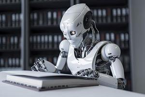 Robot exploring new bit of information and reading book. Concept of machine learning photo