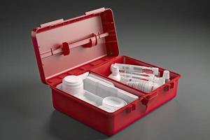 Simple open red first aid kit with with medicines for drugstore category 3d render illustration. photo