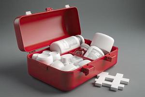 Simple open red first aid kit with with medicines for drugstore category 3d render illustration. photo