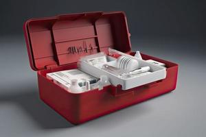 Simple open red first aid kit with with medicines for drugstore category 3d render illustration. photo