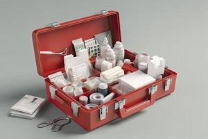 Simple open red first aid kit with with medicines for drugstore category 3d render illustration. photo