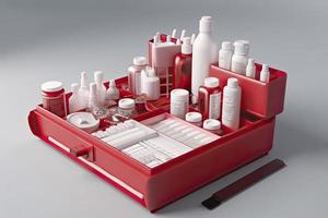 Simple open red first aid kit with with medicines for drugstore category 3d render illustration. photo