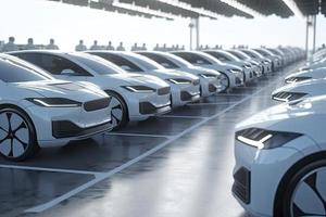 New self driving cars fleet waiting to be exported, large amounts of electric vehicle in dealership parking photo