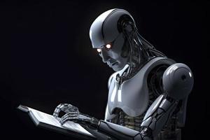 Robot exploring new bit of information and reading book. Concept of machine learning photo