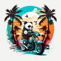 A cute panda on motor bike on a beach graphic vector generative AI photo