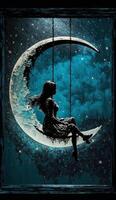 women sitting on a swing facing moon oil color painting photo