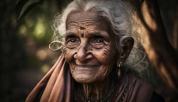 portrait of a smiling and very old Indian lady in village generative AI photo