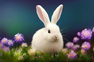 pequeño blanco conejito con grande ojos en un flores campo generativo ai foto