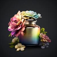 flowers pot with colorful flowers on black background photo