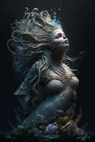 beautiful mermaid full body grim goomy lighting dark creepy photo