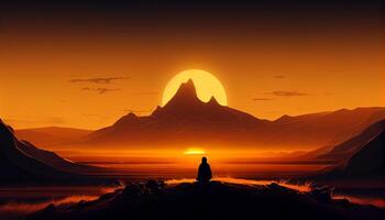 man meditating on a vast plain silhouetted sunset image photo