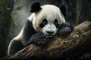 cute panda in a beautiful forest holding branch photo