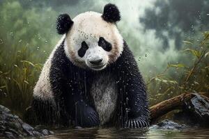 cute panda in a beautiful forest view photo