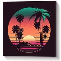 palm trees in front of a retro sunset black image photo