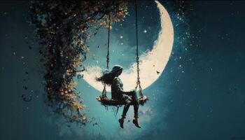 beautiful oil painting women sitting on a swing facing moon photo