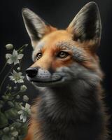 orange fox portrait with gren flowers make glossy photo